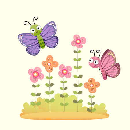 Vector illustration of the cute butterflies flying over the flowers garden.のイラスト素材