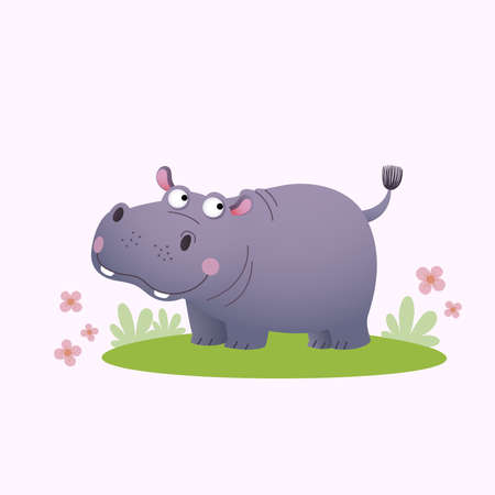 Vector illustration cute cartoon hippopotamus on green grass.のイラスト素材