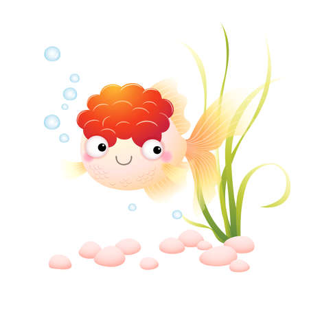 Vector illustration cute cartoon red cap oranda goldfish in an aquarium.のイラスト素材