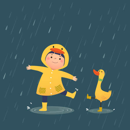 Vector illustration of a happy little girl in yellow hooded duck raincoat and rubber boots playing rain with the duck on a rainy day.のイラスト素材