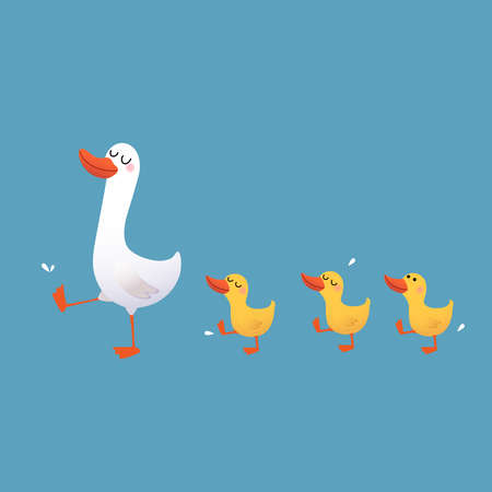 Vector illustration of a cartoon mother duck and her ducklings walking on blue background.のイラスト素材