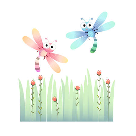Vector illustration of cute dragonflies flying over the grass.のイラスト素材