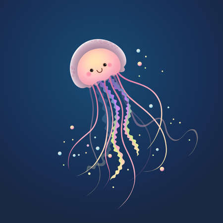 Vector illustration of a cute cartoon jellyfish swimming under the dark blue ocean.のイラスト素材