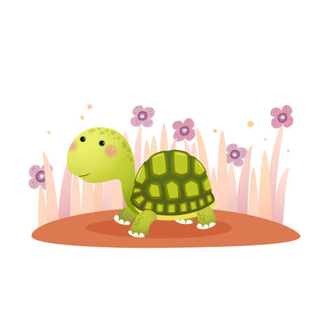 Vector illustration of a cute cartoon tortoise crawling on the ground.のイラスト素材