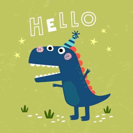 Vector illustration of cute Tyrannosaurus Rex dinosaur with grunge background. Cute little T-Rex card.のイラスト素材