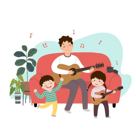 illustration of a cartoon father playing guitar and singing with his children at home. Family enjoying time at home concept.のイラスト素材