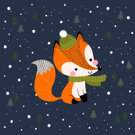 Merry Christmas and New Year greeting card with cute fox on dark blue background.のイラスト素材