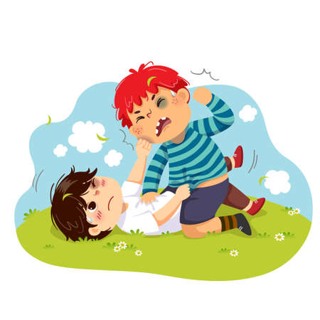 Vector illustration cartoon of two boys fighting on the green grass.のイラスト素材