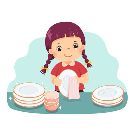 Vector illustration cartoon of a little girl drying the dishes at kitchen counter. Kids doing housework chores at home concept.のイラスト素材