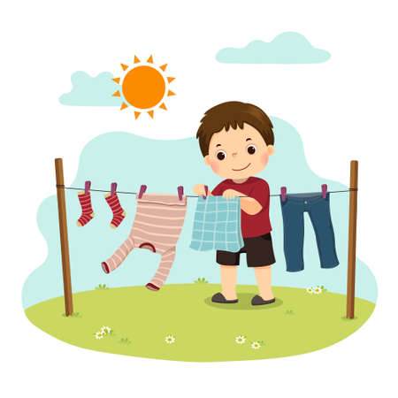 Vector illustration cartoon of a little boy hanging the laundry on the backyard. Kids doing housework chores at home concept.のイラスト素材