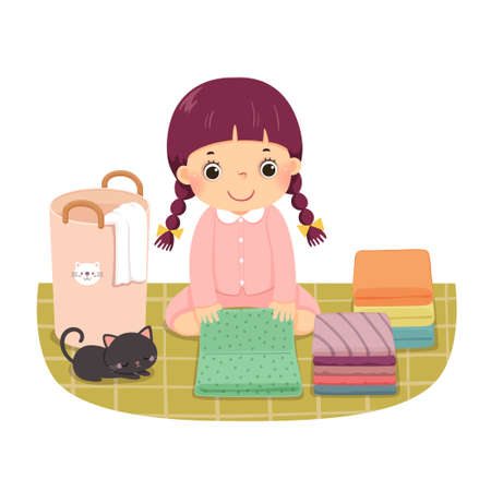 Vector illustration cartoon of a little girl folding clothes. Kids doing housework chores at home concept.のイラスト素材