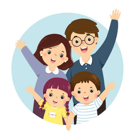 Vector illustration cartoon of a portrait of four members happy family raising up hands. Parents with kids.のイラスト素材