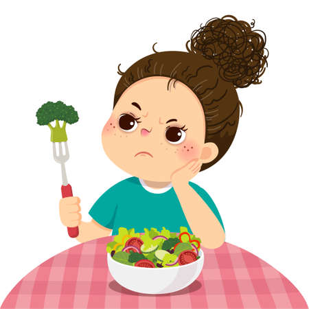 Vector illustration cartoon of an unhappy girl does not want to eat fresh vegetable salad.のイラスト素材