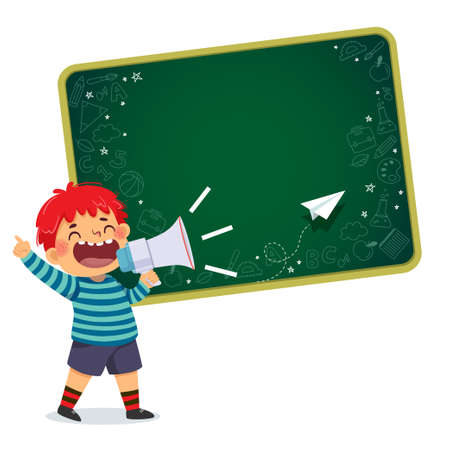 Vector illustration cartoon of a little boy screaming with megaphone, pointing index finger up with blackboard background.のイラスト素材