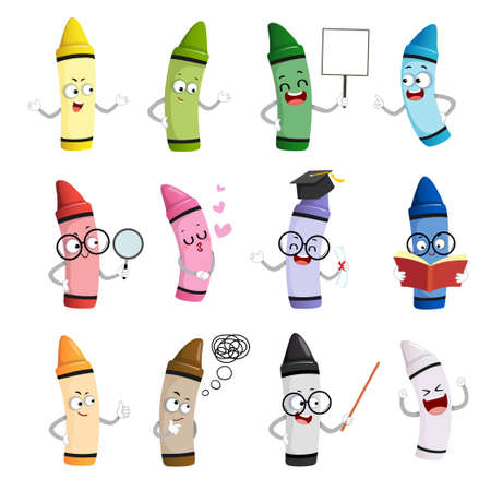 Vector illustration set of happy cartoon crayon colors mascot characters in different poses and emotions.のイラスト素材