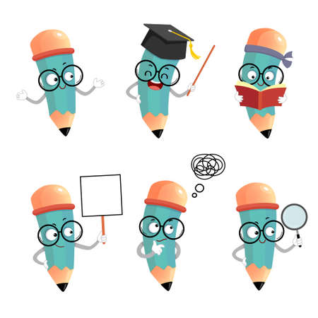 Vector illustration set of happy cartoon pencil mascot characters in different poses and emotions.のイラスト素材