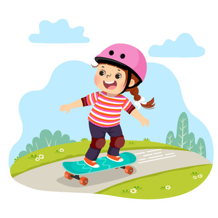 Vector illustration cartoon of little girl in safety helmets skating skateboard in the park.のイラスト素材