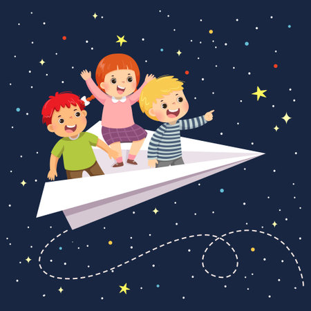 Vector illustration cartoon of happy three kids flying on the paper airplane in the starry sky at night.のイラスト素材