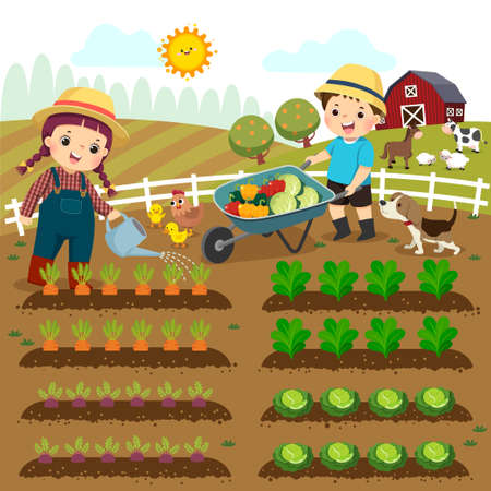 Vector illustration cartoon of girl watering vegetable plants and boy pushing the wheelbarrow of vegetables on the farm.のイラスト素材