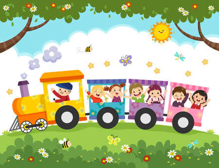 Vector illustration cartoon of happy kids with the train.のイラスト素材