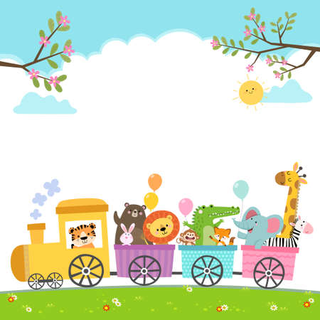 Template for advertising brochure with cartoon of happy animals on the train.のイラスト素材