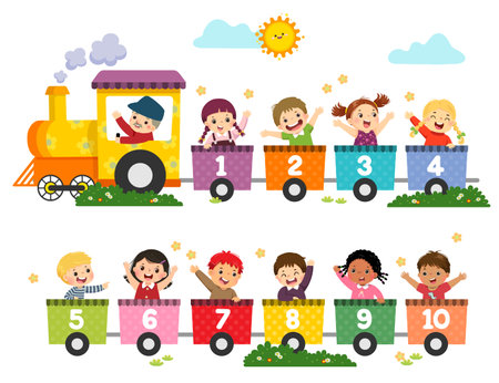 Vector illustration cartoon of happy preschool kids with the train numbers. Card for learning numbers.のイラスト素材