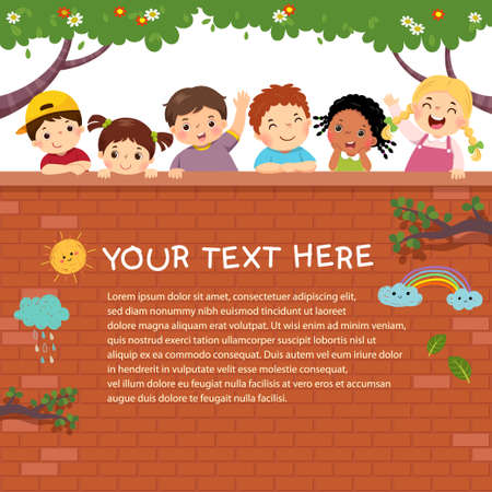 Template for advertising brochure with cartoon of happy kids on the brick wall.のイラスト素材