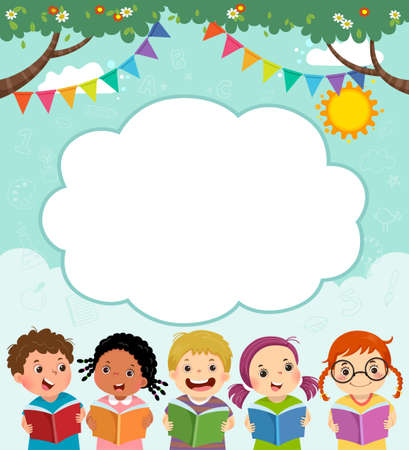 Template for advertising brochure with cartoon of happy children reading book.のイラスト素材