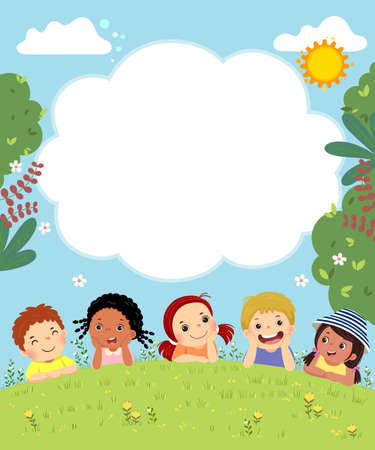 Template for advertising brochure with cartoon of happy kids laying on the grass.のイラスト素材
