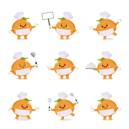 Set of cute onion chef cartoon characters with various activities.のイラスト素材