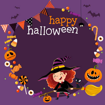 Template for advertising brochure with happy little witch girl and candies in Halloween concept.のイラスト素材