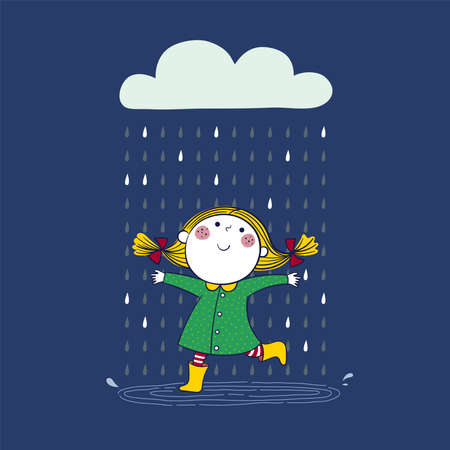 Vector illustration of little girl in green raincoat playing rain on a rainy day.のイラスト素材