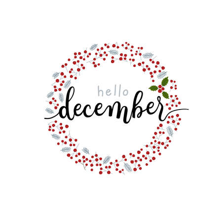 Hello December vector calligraphy in red berry wreath.のイラスト素材