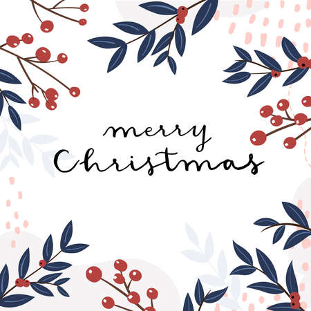 Vector floral card of blue leaves and red berries with Merry Christmas handwritten calligraphyのイラスト素材
