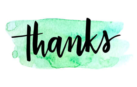 Thanks vector handwritten calligraphy over green watercolor brush strokes.のイラスト素材