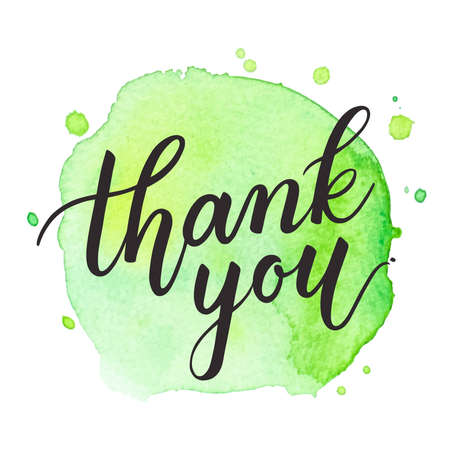 Thank you vector handwritten calligraphy over green watercolor circle background.のイラスト素材