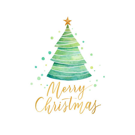 Vector Christmas background with gold hand lettering calligraphy and christmas tree watercolor.のイラスト素材