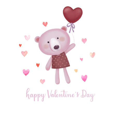 Valentines Day card with cute bear holding red heart shaped balloon.のイラスト素材