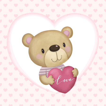Valentines Day card with cute teddy bear hugging pink heart shaped pillow on heart pattern.のイラスト素材
