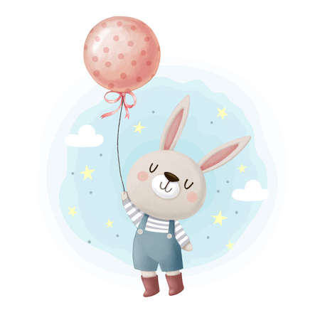 Cute bunny rabbit with pink balloon in polka dot  flying in the sky.のイラスト素材