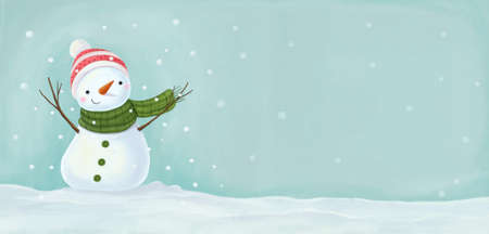 Merry christmas background with happy snowman in winter scenery with copy space.の写真素材