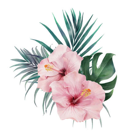 Digital watercolor painting bouquet with Hibiscus flowers, Palm leaves, Monstera Deliciosa Leaf.のイラスト素材