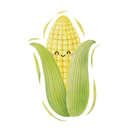Watercolor cute corn cartoon character. Vector illustration.のイラスト素材