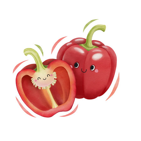 Watercolor cute red bell pepper cartoon character. Vector illustration.のイラスト素材