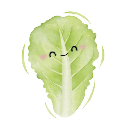 Watercolor cute lettuce leaf cartoon character. Vector illustration.のイラスト素材