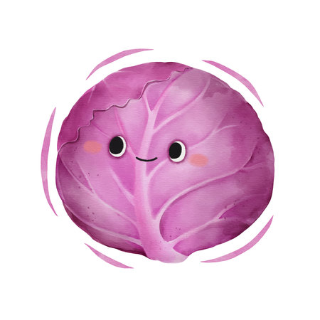 Watercolor cute red cabbage cartoon character. Vector illustration.のイラスト素材