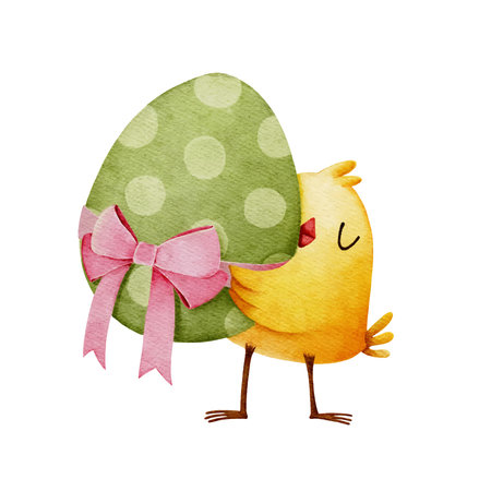 Watercolor little chicken holding Easter egg tied bowのイラスト素材