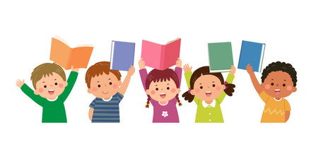 Vector cartoon children showing books over their headsのイラスト素材