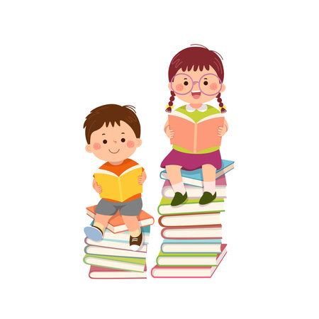 Vector cartoon little boy and little girl wearing glasses sitting on piles of books and readingのイラスト素材