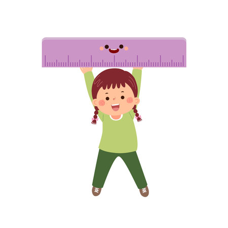 Vector cartoon little student girl carrying big ruler. Back to school conceptのイラスト素材